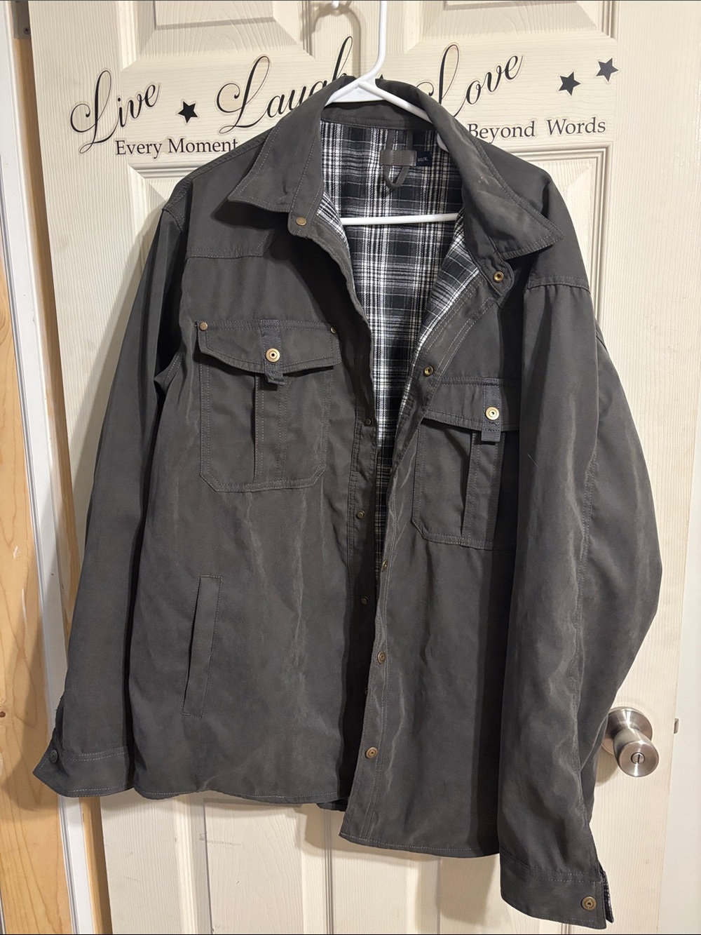 Men's Gray Casual Field Jacket - Lightweight Plaid Lining